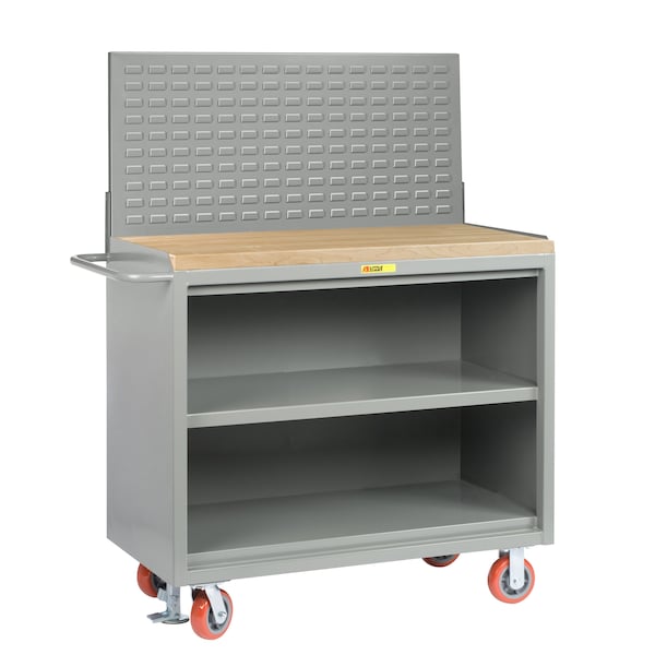 Mobile Bench Cabinets, 36"W, Center Shelf, Butcher Block, Louvered
